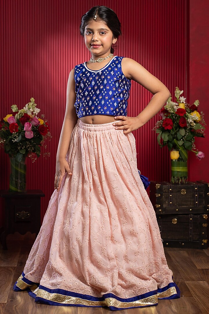 Peach & Blue Pure Raw Silk Floral Embroidered Lehenga Set For Girls by Kirti Agarwal Pret n Couture at Pernia's Pop Up Shop