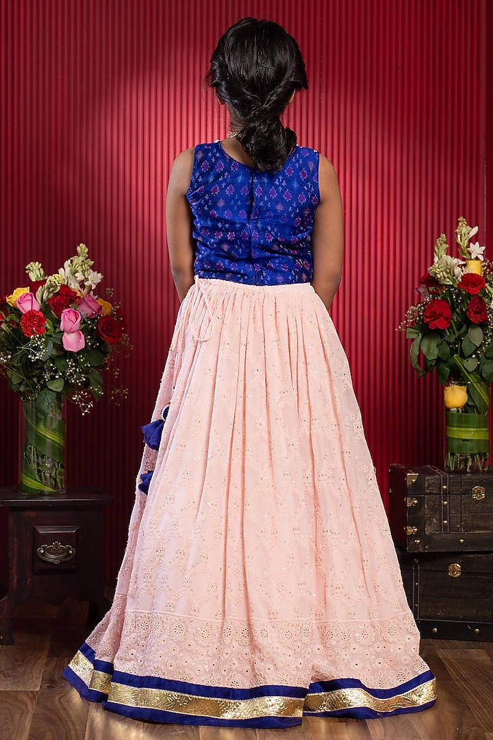 Peach & Blue Pure Raw Silk Floral Embroidered Lehenga Set For Girls by Kirti Agarwal Pret n Couture at Pernia's Pop Up Shop