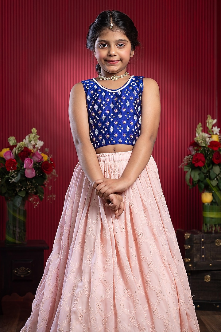 Peach & Blue Pure Raw Silk Floral Embroidered Lehenga Set For Girls by Kirti Agarwal Pret n Couture at Pernia's Pop Up Shop