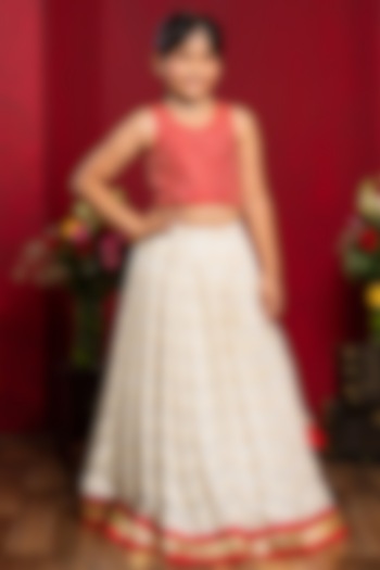 Ivory & red Pure Raw Silk Floral Embroidered Lehenga Set For Girls by Kirti Agarwal Pret n Couture at Pernia's Pop Up Shop