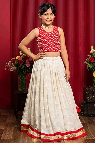 Ivory & red Pure Raw Silk Floral Embroidered Lehenga Set For Girls by Kirti Agarwal Pret n Couture