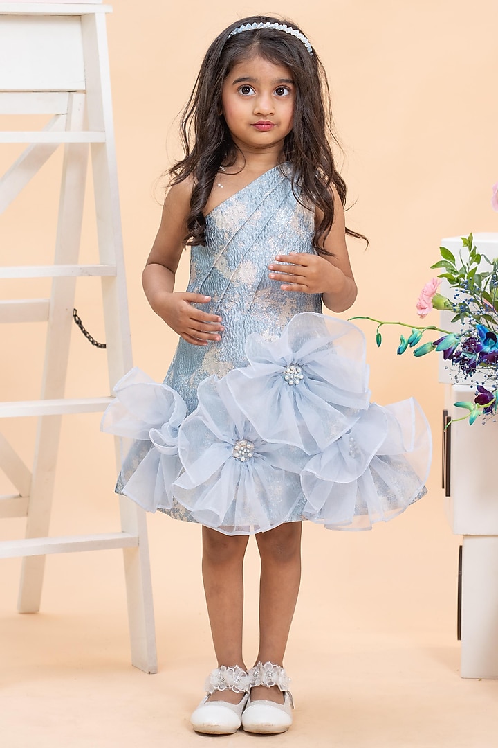 Blue Organza & Jacquard Embroidered One-Shoulder Dress For Girls by Kirti Agarwal Pret n Couture at Pernia's Pop Up Shop