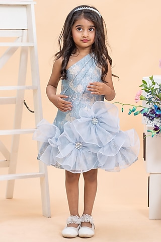 Blue Organza & Jacquard Embroidered One-Shoulder Dress For Girls by Kirti Agarwal Pret n Couture