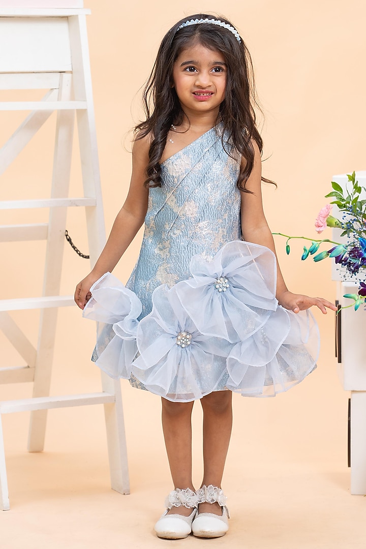 Blue Organza & Jacquard Embroidered One-Shoulder Dress For Girls by Kirti Agarwal Pret n Couture at Pernia's Pop Up Shop