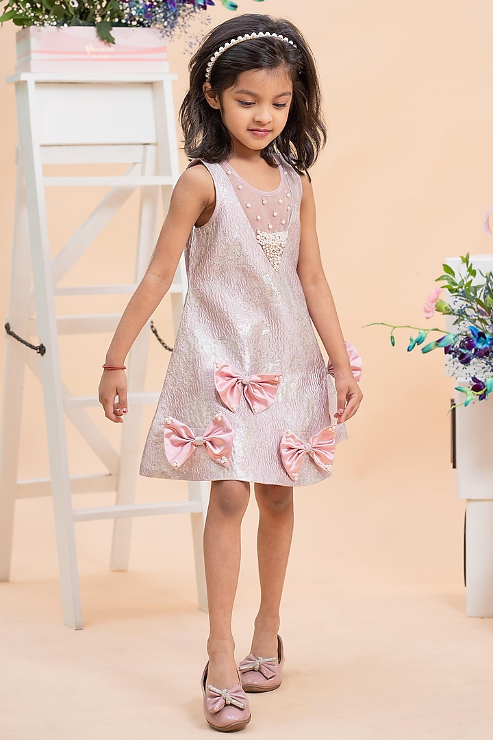 Pink Satin & Jacquard Embroidered Dress For Girls by Kirti Agarwal Pret n Couture at Pernia's Pop Up Shop