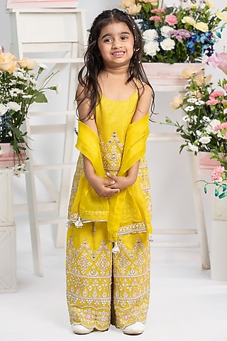 Yellow Tissue & Organza Embroidered Sharara Set For Girls by Kirti Agarwal Pret n Couture