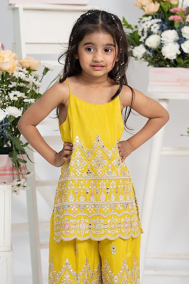 Yellow Tissue & Organza Embroidered Sharara Set For Girls by Kirti Agarwal Pret n Couture at Pernia's Pop Up Shop