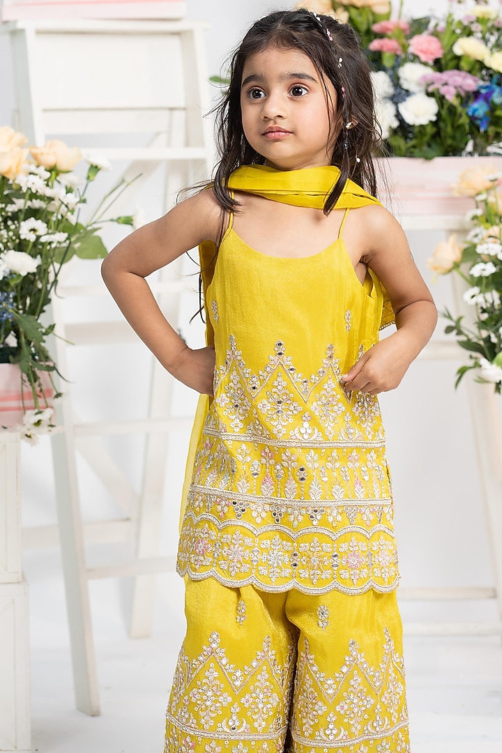 Yellow Tissue & Organza Embroidered Sharara Set For Girls by Kirti Agarwal Pret n Couture at Pernia's Pop Up Shop