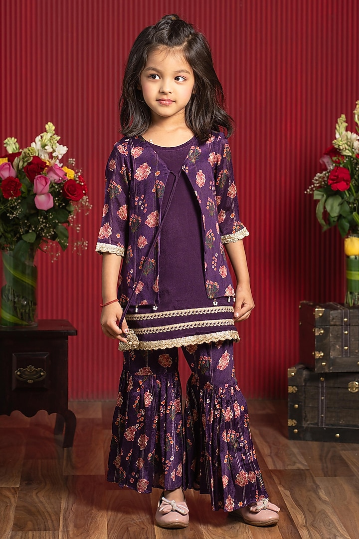 Plum Purple Chinon Printed Sharara Set For Girls by Kirti Agarwal Pret n Couture at Pernia's Pop Up Shop