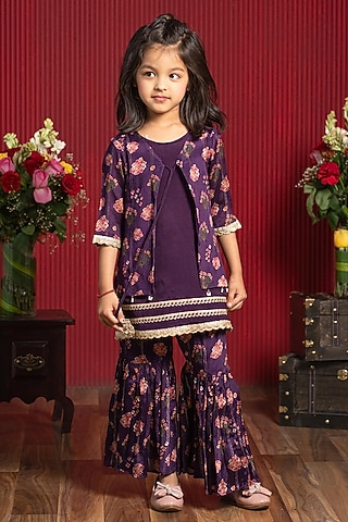 Plum Purple Chinon Printed Sharara Set For Girls by Kirti Agarwal Pret n Couture