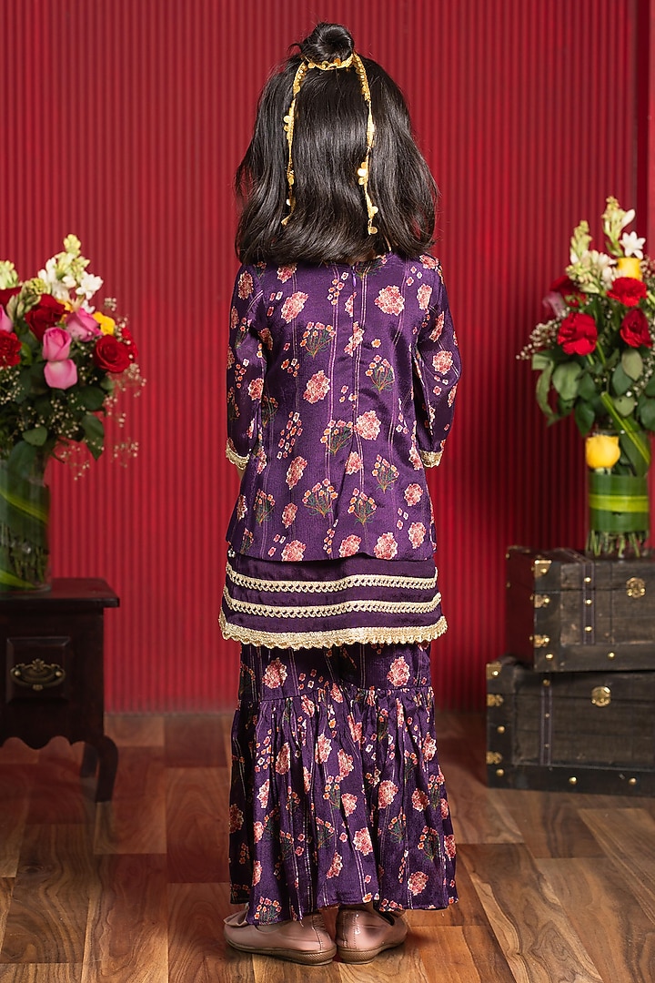 Plum Purple Chinon Printed Sharara Set For Girls by Kirti Agarwal Pret n Couture at Pernia's Pop Up Shop