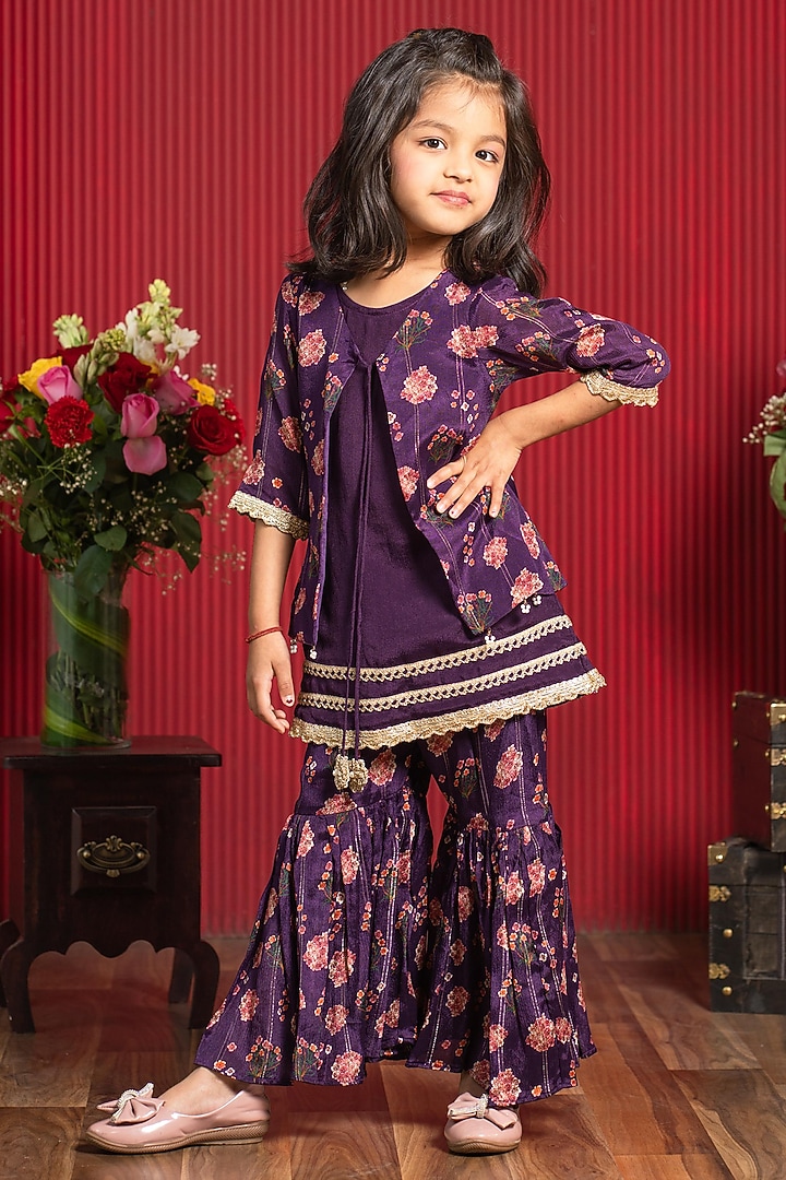 Plum Purple Chinon Printed Sharara Set For Girls by Kirti Agarwal Pret n Couture at Pernia's Pop Up Shop