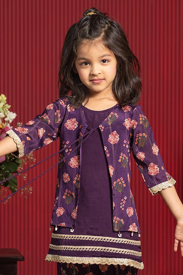 Plum Purple Chinon Printed Sharara Set For Girls by Kirti Agarwal Pret n Couture at Pernia's Pop Up Shop