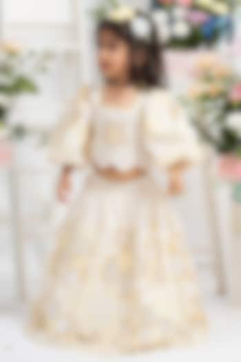 Ivory Pure Cotton Printed & Embroidered Lehenga Set For Girls by Kirti Agarwal Pret n Couture at Pernia's Pop Up Shop