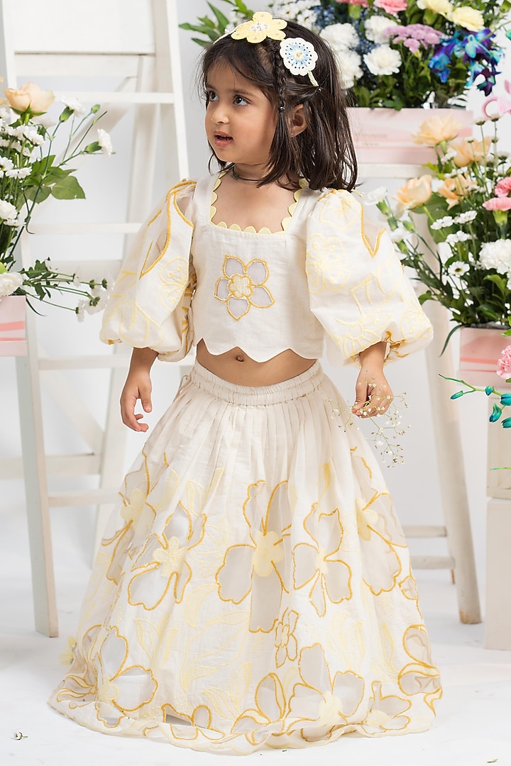Ivory Pure Cotton Printed & Embroidered Lehenga Set For Girls by Kirti Agarwal Pret n Couture at Pernia's Pop Up Shop