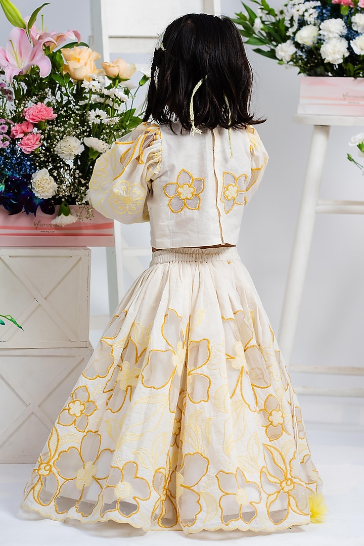 Ivory Pure Cotton Printed & Embroidered Lehenga Set For Girls by Kirti Agarwal Pret n Couture at Pernia's Pop Up Shop