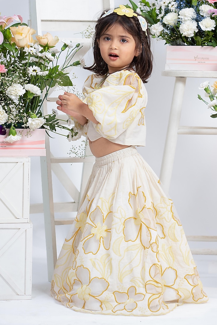 Ivory Pure Cotton Printed & Embroidered Lehenga Set For Girls by Kirti Agarwal Pret n Couture at Pernia's Pop Up Shop