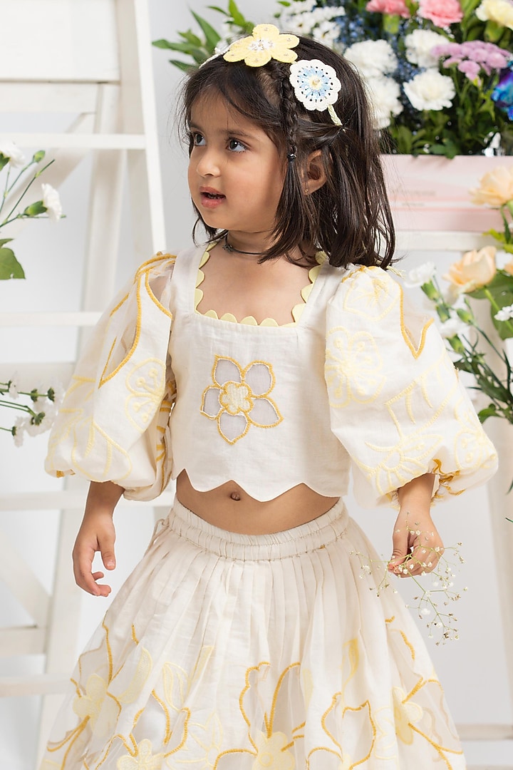 Ivory Pure Cotton Printed & Embroidered Lehenga Set For Girls by Kirti Agarwal Pret n Couture at Pernia's Pop Up Shop