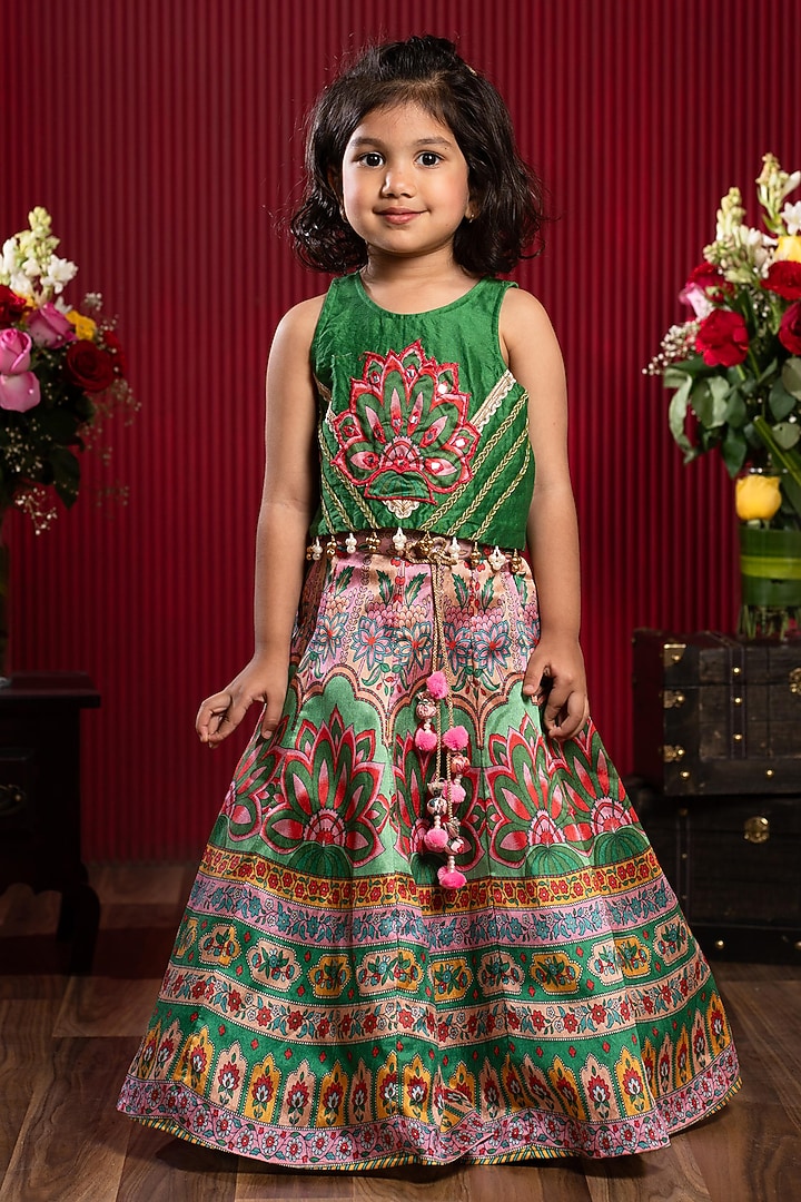 Green Silk & Chanderi Silk Printed Lehenga Set For Girls by Kirti Agarwal Pret n Couture at Pernia's Pop Up Shop