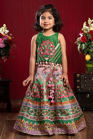 Green Silk & Chanderi Silk Printed Lehenga Set For Girls by Kirti Agarwal Pret n Couture