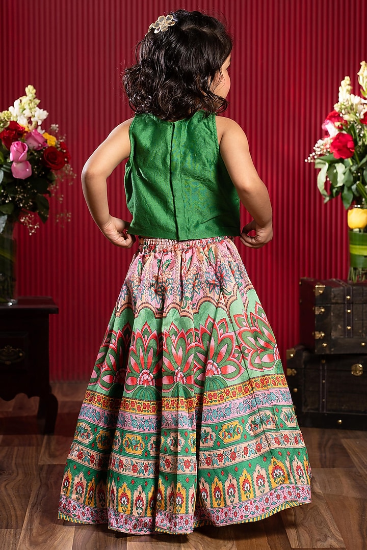 Green Silk & Chanderi Silk Printed Lehenga Set For Girls by Kirti Agarwal Pret n Couture at Pernia's Pop Up Shop