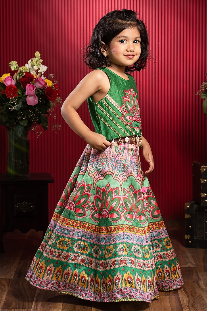 Green Silk & Chanderi Silk Printed Lehenga Set For Girls by Kirti Agarwal Pret n Couture at Pernia's Pop Up Shop