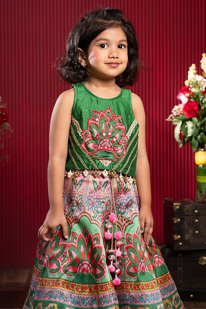 Green Silk & Chanderi Silk Printed Lehenga Set For Girls by Kirti Agarwal Pret n Couture at Pernia's Pop Up Shop