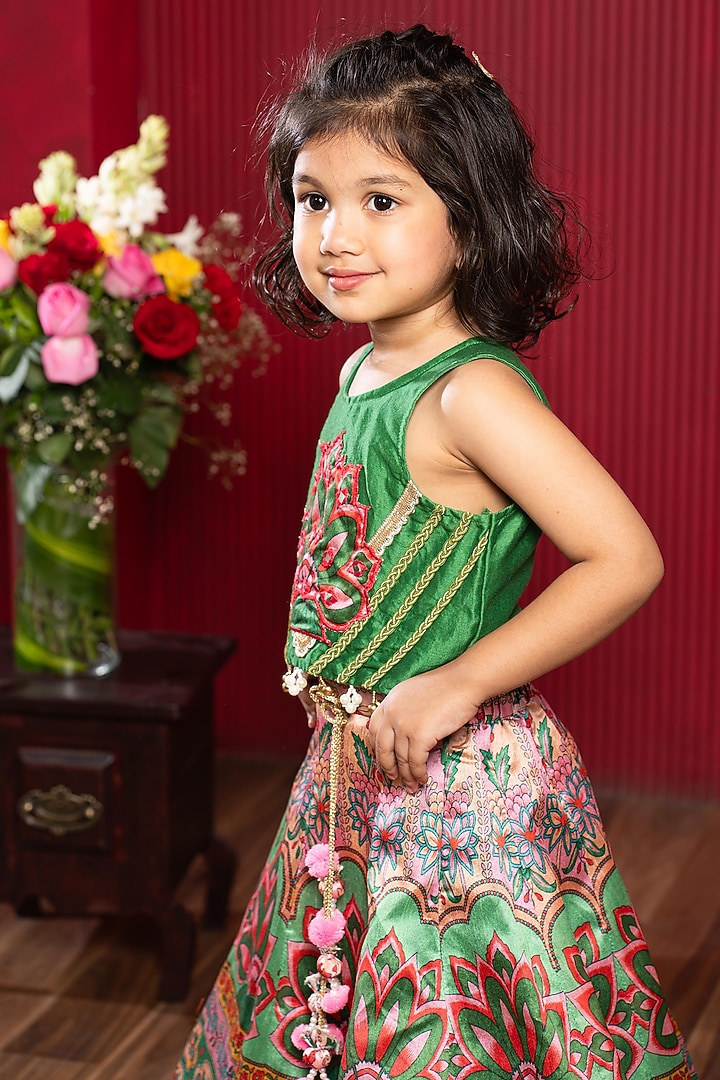 Green Silk & Chanderi Silk Printed Lehenga Set For Girls by Kirti Agarwal Pret n Couture at Pernia's Pop Up Shop