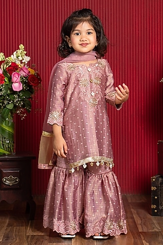 Dusty Rose Tissue & Net Embroidered Sharara Set For Girls by Kirti Agarwal Pret n Couture