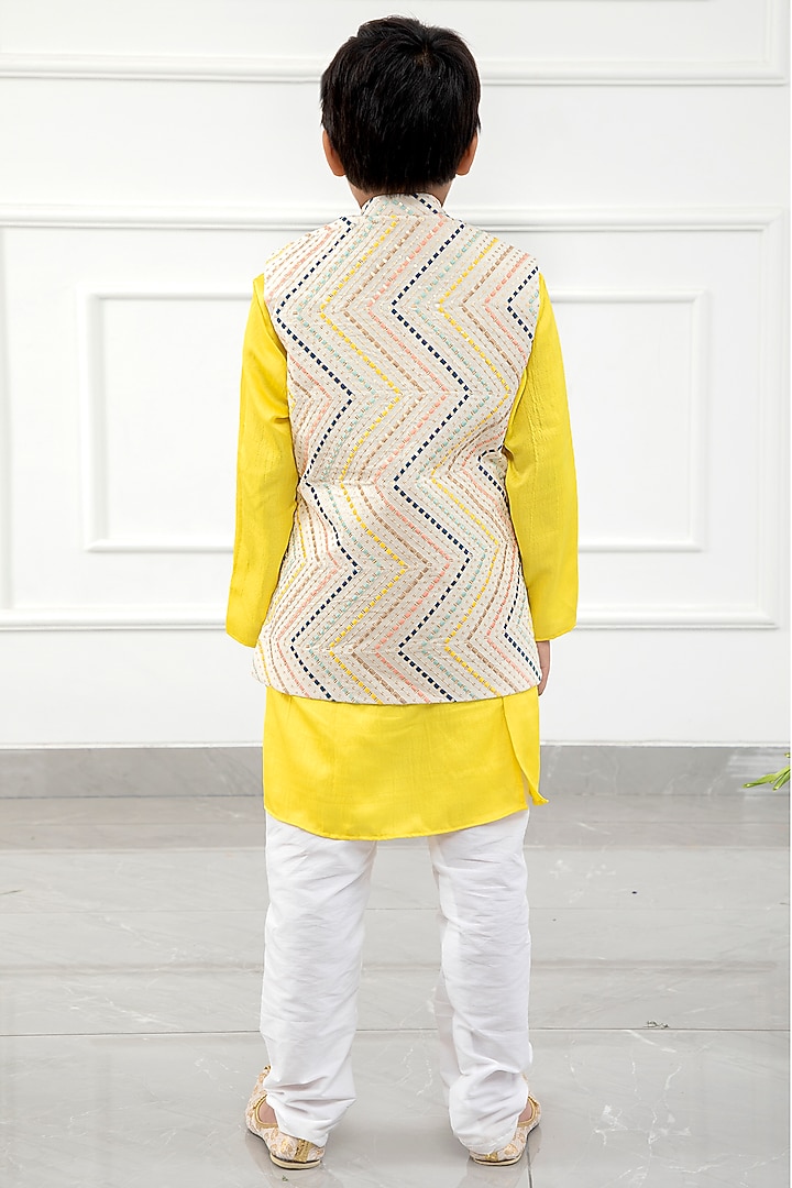 Off-White Cotton & Satin Silk Thread Embroidered Jacket Set For Boys by Kirti Agarwal Pret n Couture at Pernia's Pop Up Shop