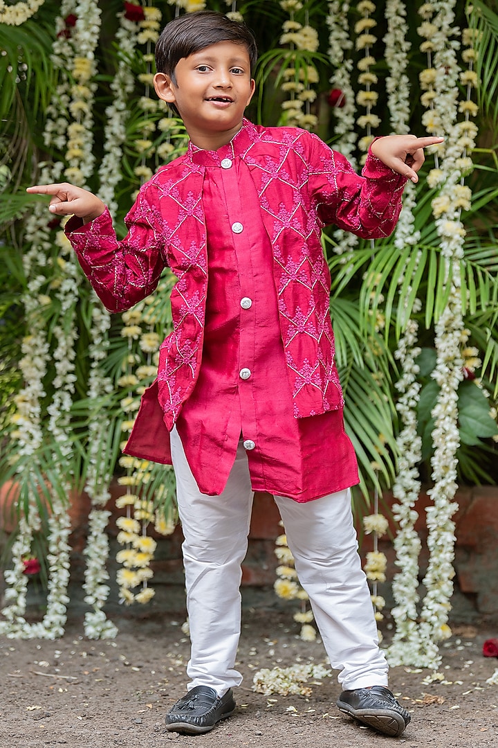 Maroon Chanderi Silk & Cotton Silk Thread Embroidered Jacket Style Kurta Set For Boys by  Kirti Agarwal Pret n Couture at Pernia's Pop Up Shop
