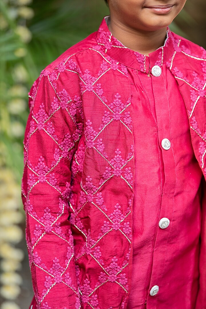 Maroon Chanderi Silk & Cotton Silk Thread Embroidered Jacket Style Kurta Set For Boys by Kirti Agarwal Pret n Couture at Pernia's Pop Up Shop