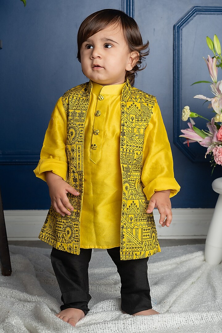 Yellow Chanderi Silk & Cotton Silk Thread Embroidered Jacket Set For Boys by Kirti Agarwal Pret n Couture at Pernia's Pop Up Shop
