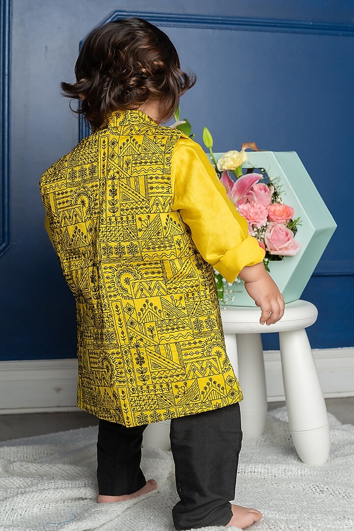 Yellow Chanderi Silk & Cotton Silk Thread Embroidered Jacket Set For Boys by Kirti Agarwal Pret n Couture at Pernia's Pop Up Shop
