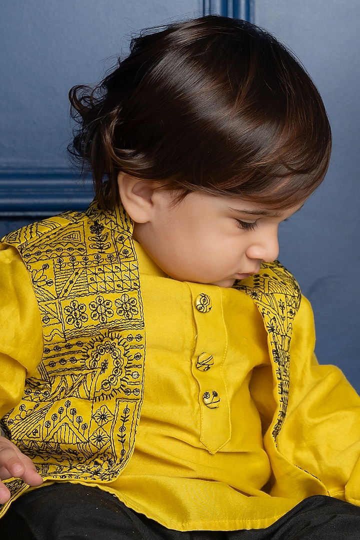 Yellow Chanderi Silk & Cotton Silk Thread Embroidered Jacket Set For Boys by Kirti Agarwal Pret n Couture at Pernia's Pop Up Shop