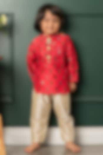 Red & Beige Chanderi Silk Floral Printed Kurta Set For Boys by  Kirti Agarwal Pret n Couture at Pernia's Pop Up Shop