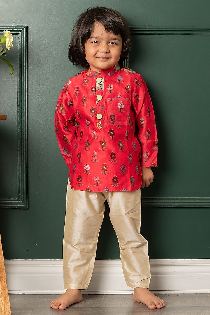 Red & Beige Chanderi Silk Floral Printed Kurta Set For Boys by  Kirti Agarwal Pret n Couture at Pernia's Pop Up Shop