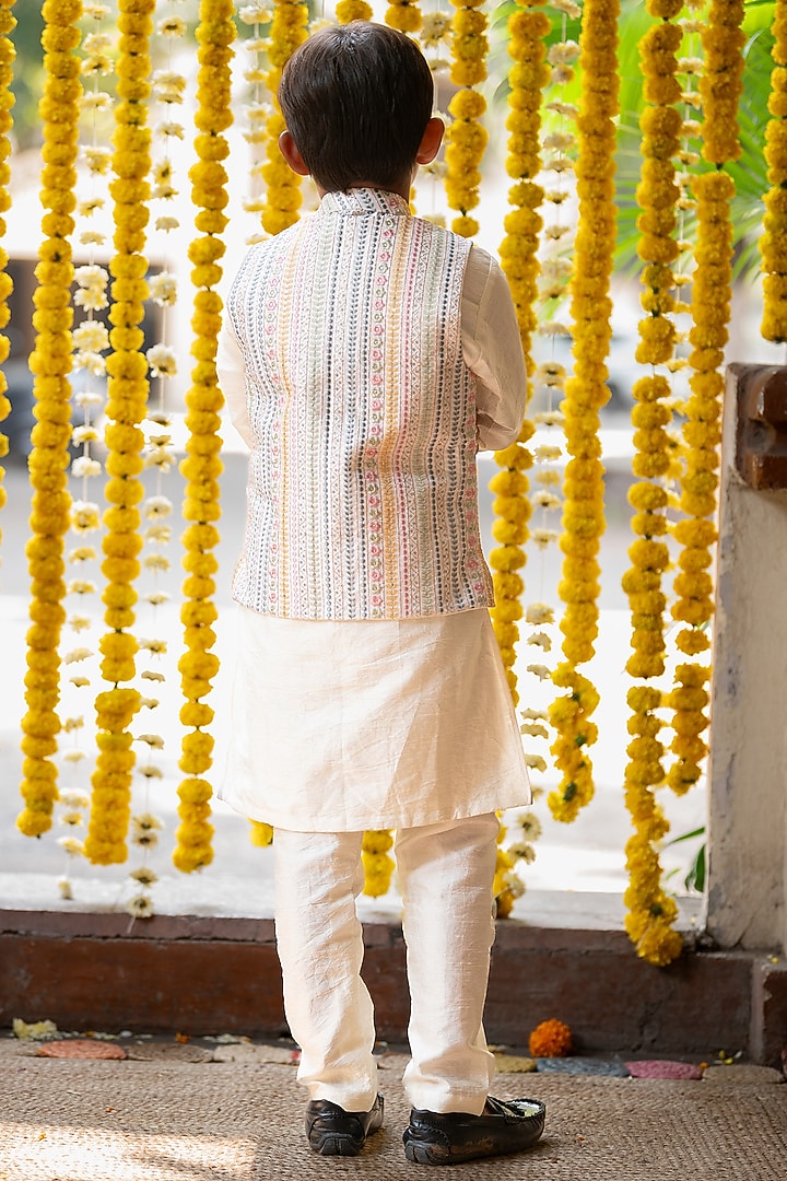 Off-White Embroidered Chanderi Silk & Art Silk Thread Embroidered Jacket Set For Boys by Kirti Agarwal Pret n Couture at Pernia's Pop Up Shop