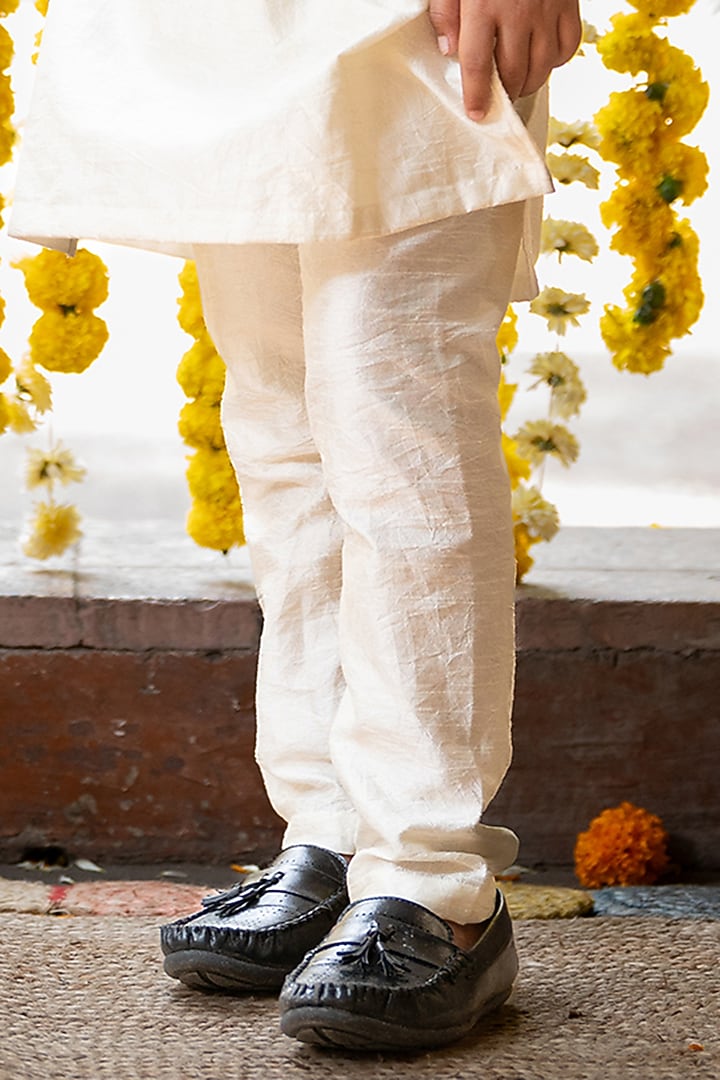 Off-White Embroidered Chanderi Silk & Art Silk Thread Embroidered Jacket Set For Boys by Kirti Agarwal Pret n Couture at Pernia's Pop Up Shop