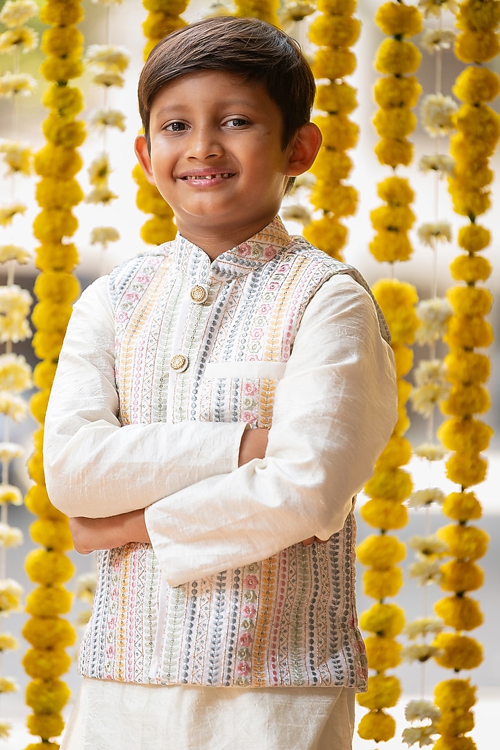 Off-White Embroidered Chanderi Silk & Art Silk Thread Embroidered Jacket Set For Boys by Kirti Agarwal Pret n Couture at Pernia's Pop Up Shop