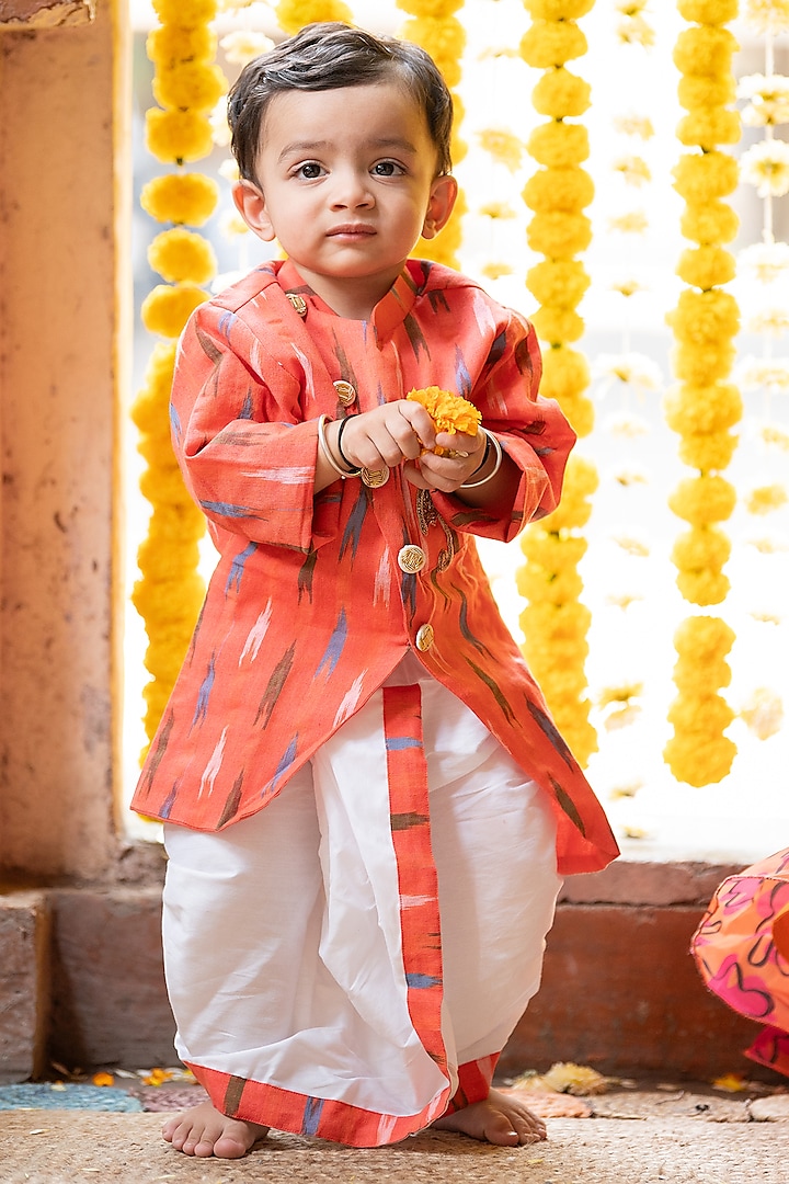 White Pure Cotton & Cotton Silk Dhoti Set For Boys by  Kirti Agarwal Pret n Couture