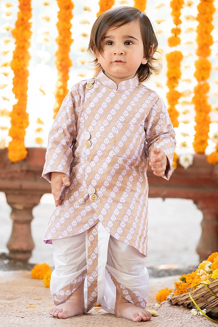 Off-White Foil Cotton & Cotton Silk Dhoti Set For Boys by  Kirti Agarwal Pret n Couture