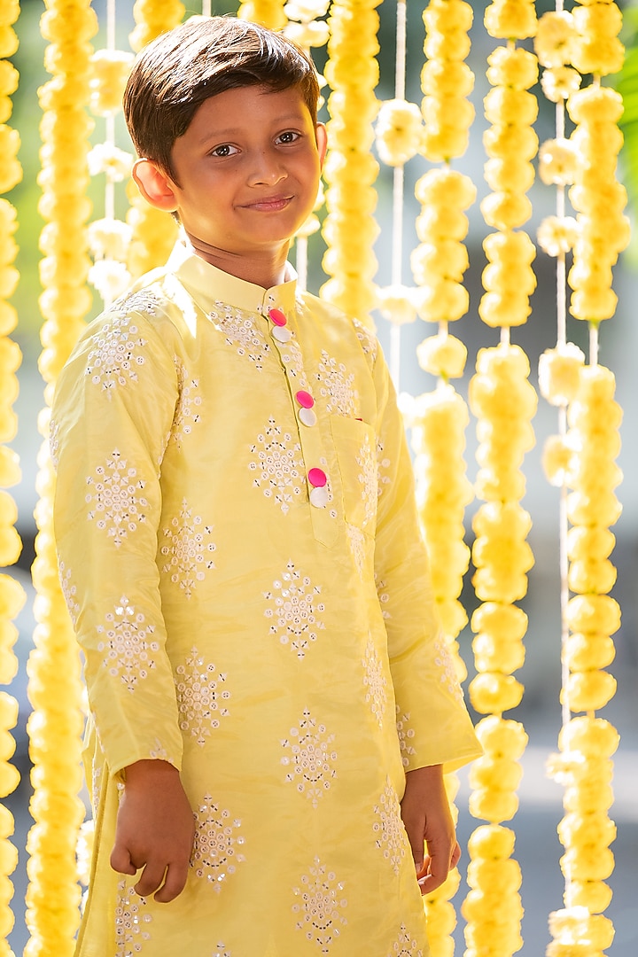 Lemon Green Crepe Silk & Cotton Silk Thread Embroidered Kurta Set For Boys by Kirti Agarwal Pret n Couture at Pernia's Pop Up Shop