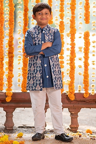 Dark Blue Chander & Embroidered Silk Printed Kurta Set For Boys by  Kirti Agarwal Pret n Couture