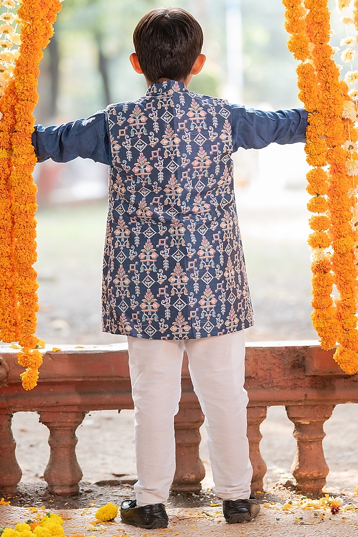 Dark Blue Chander & Embroidered Silk Printed Kurta Set For Boys by  Kirti Agarwal Pret n Couture at Pernia's Pop Up Shop