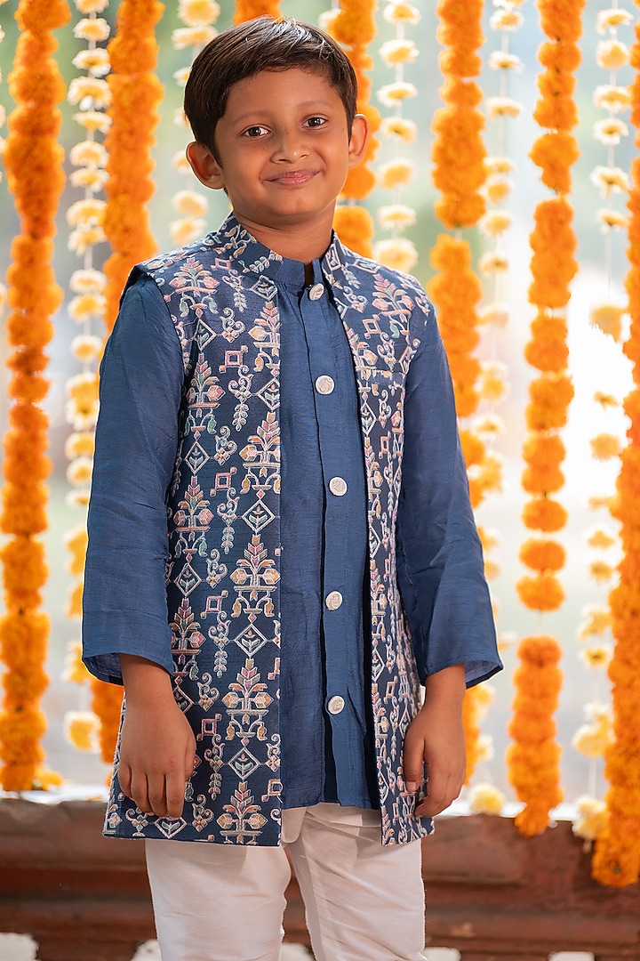 Dark Blue Chander & Embroidered Silk Printed Kurta Set For Boys by  Kirti Agarwal Pret n Couture at Pernia's Pop Up Shop