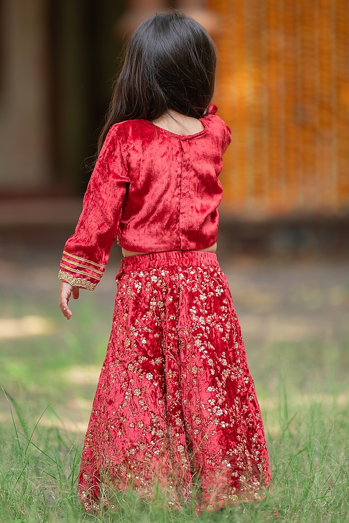 Maroon Velvet Floral & Sequins Embroidered Lehenga Set For Girlss by Kirti Agarwal Pret n Couture at Pernia's Pop Up Shop