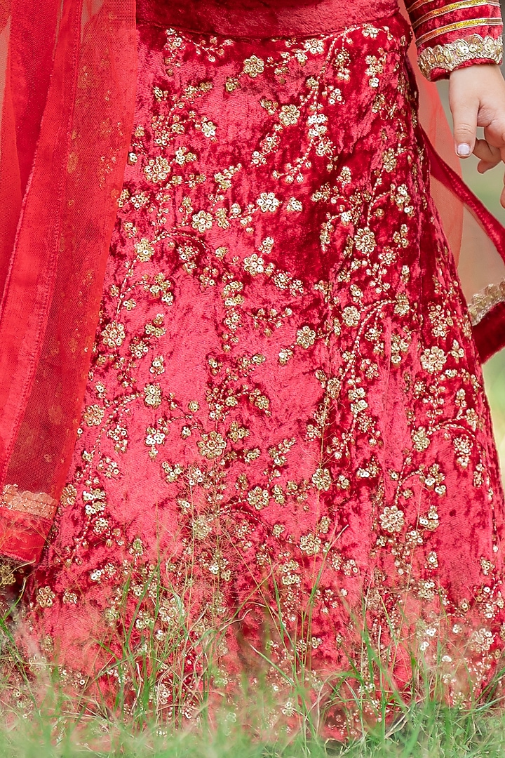 Maroon Velvet Floral & Sequins Embroidered Lehenga Set For Girlss by Kirti Agarwal Pret n Couture at Pernia's Pop Up Shop