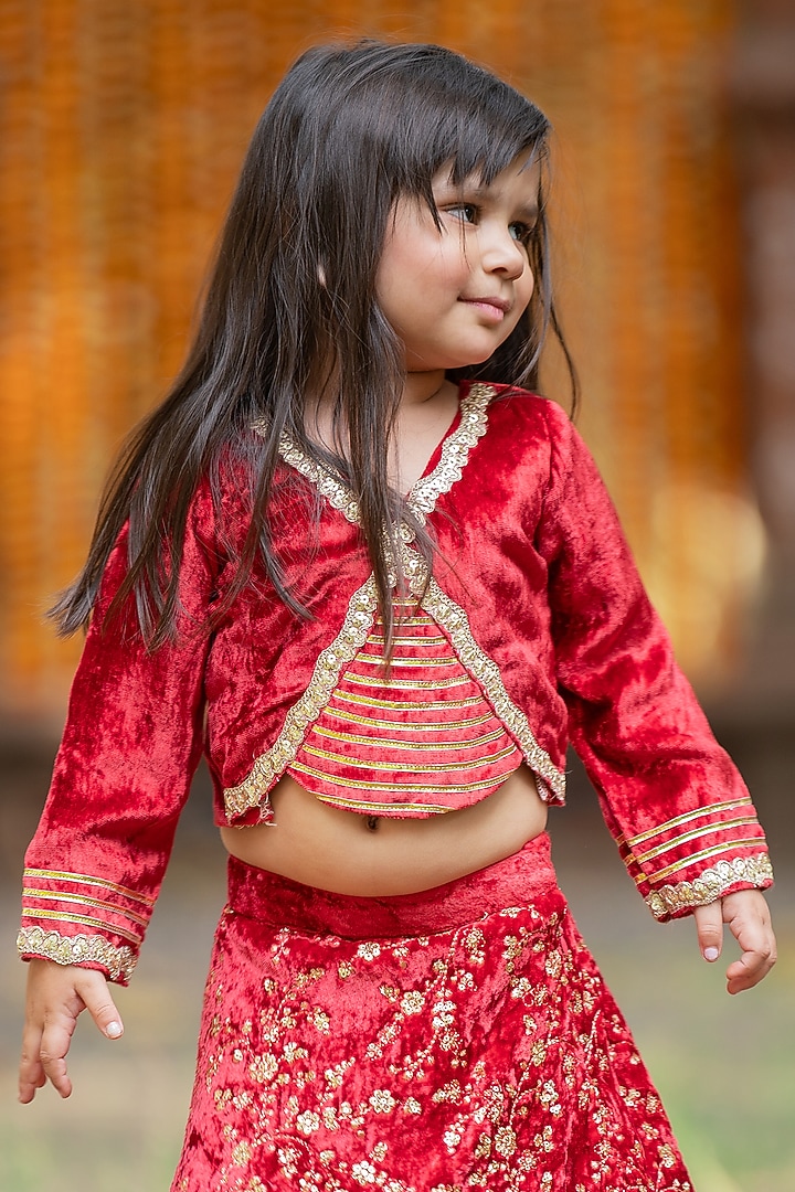 Maroon Velvet Floral & Sequins Embroidered Lehenga Set For Girlss by Kirti Agarwal Pret n Couture at Pernia's Pop Up Shop