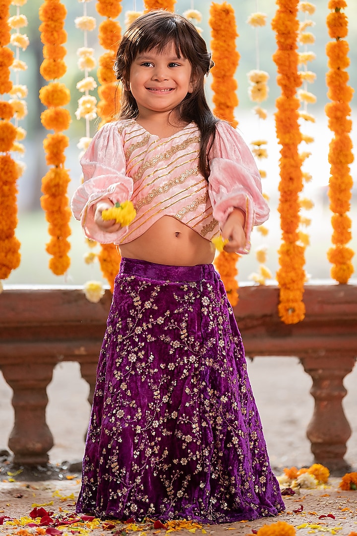 Purple Velvet Embroidered Lehenga Set For Girlss by  Kirti Agarwal Pret n Couture at Pernia's Pop Up Shop